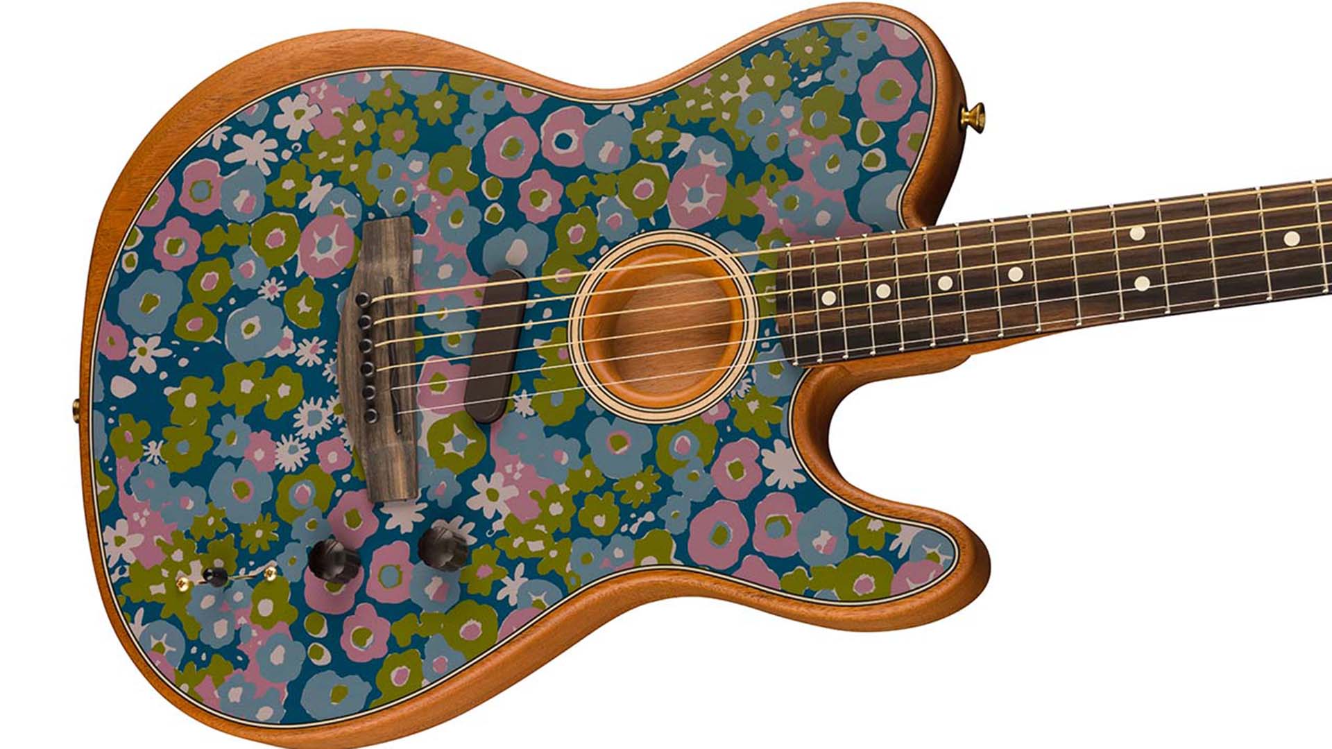 フェンダーより、“フラワー・パワー”をモチーフとしたAmerican Acoustasonic Telecaster Blue Flowerが登場