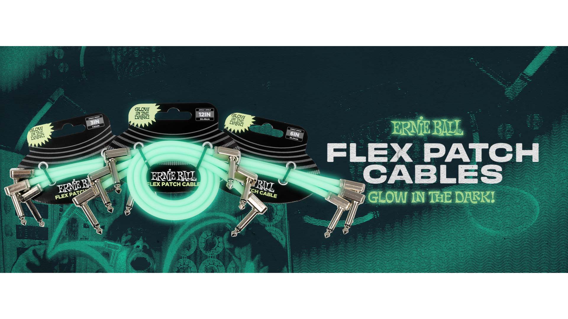 アーニーボールより蓄光ケーブルのGlow-in-Dark Flex Patch Cableが登場　3in／6in／12inの3種がラインナップ